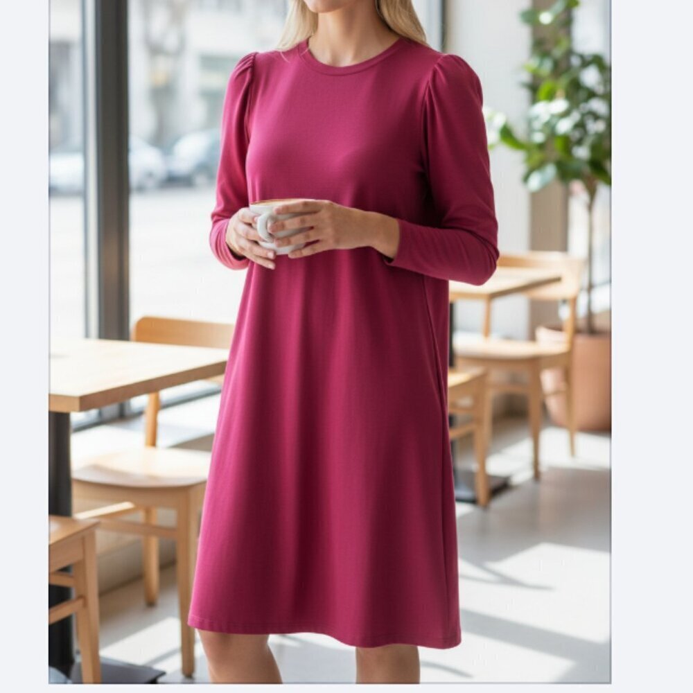 Nine West Pink Shift Dress Size 12 Long Sleeves Solid Crew Barbie